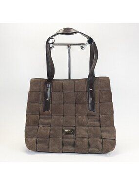 River Island Brown Suede Woven Purse Handbag Tote Bag w Leather Handles